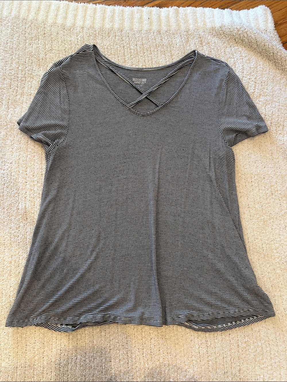 Mossimo Supply Co. Black and White Striped V-Neck Tee with Crisscross